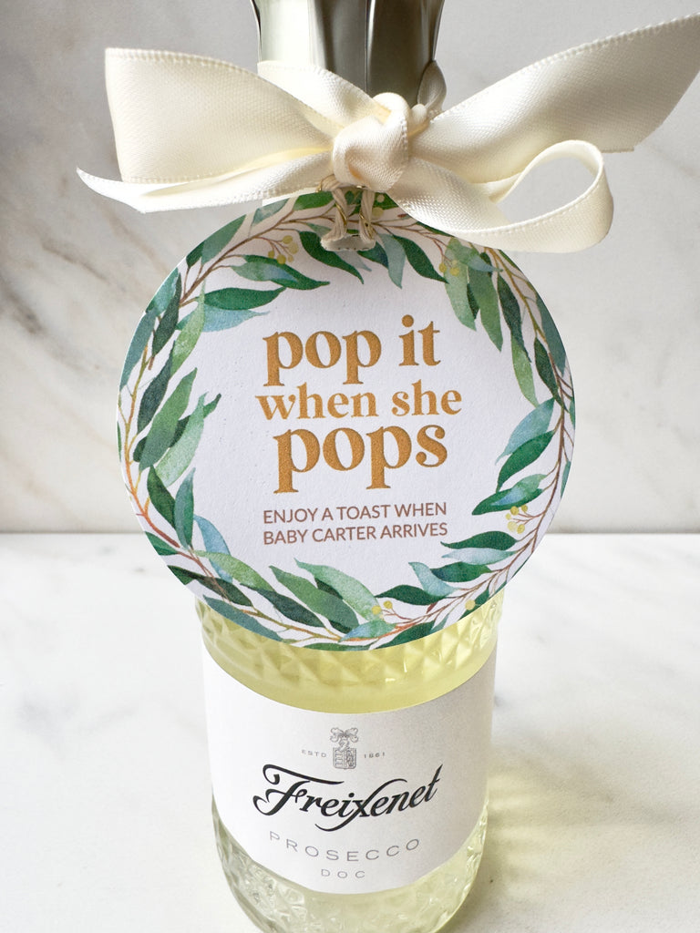 greenery baby shower tags for mini champagne bottles invite guests to raise a glass and toast to the new parents when baby is born